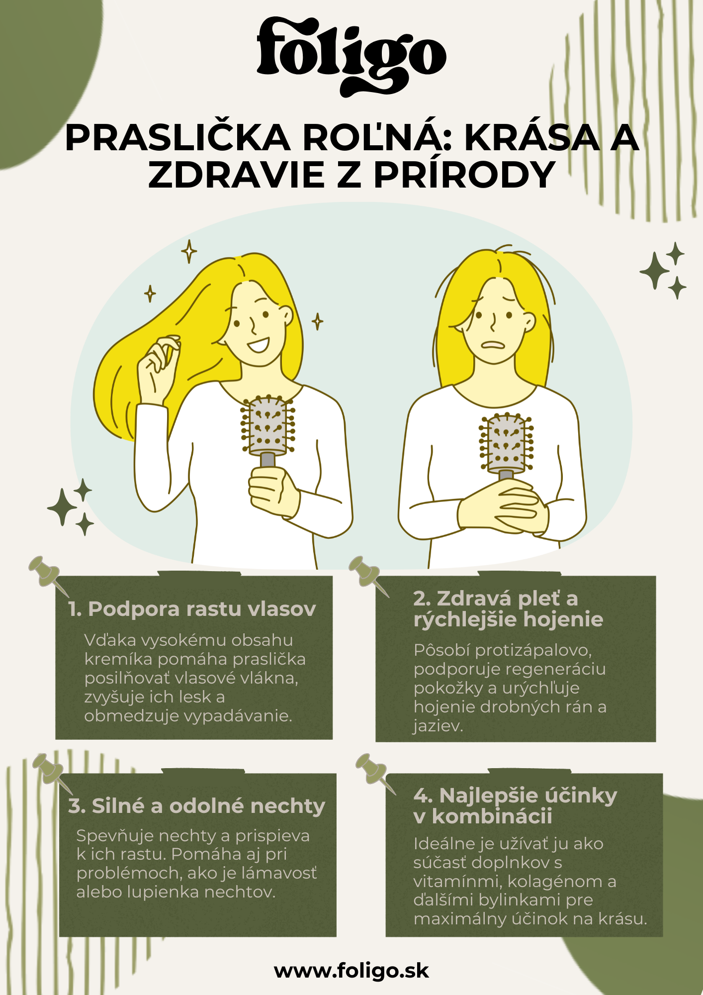 Infografika: Účinky prasličky roľnej na vlasy, pleť aj nechty